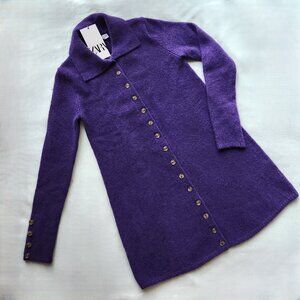 ZARA Long Swing Cardigan with Collar Purple Size S NWT